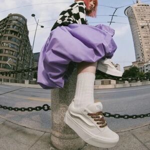 Vans Womens Size 7, 7.5, 8.5 White Knu Skool Stack Platform Rainbow Laces New